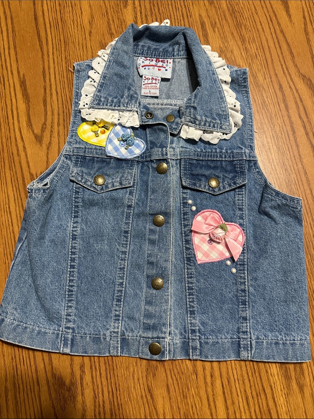 Girls' Denim Vest with Lace Collar and Heart Appliqués - Blue